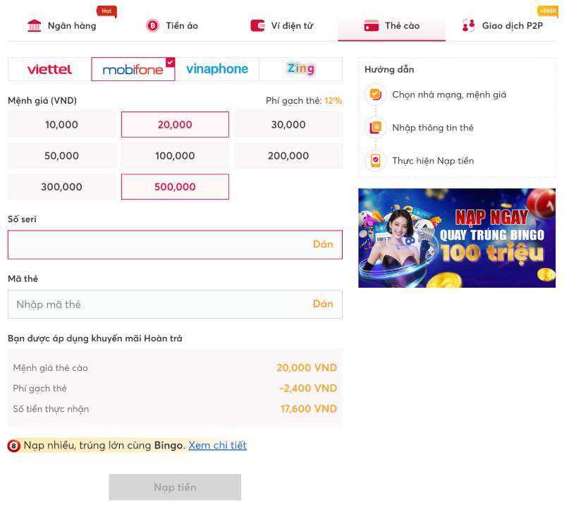 Nạp tiền Net88 bằng thẻ cào (Viettel – Mobi – Vina – Zing)